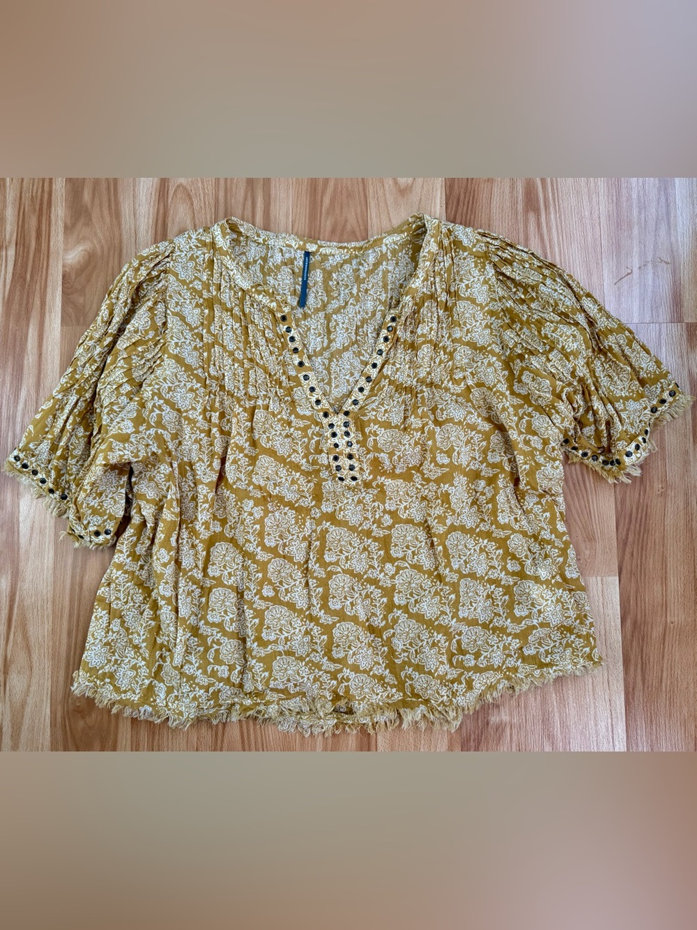 Anthropologie Mustard Yellow Floral V-Neck Boho Blouse